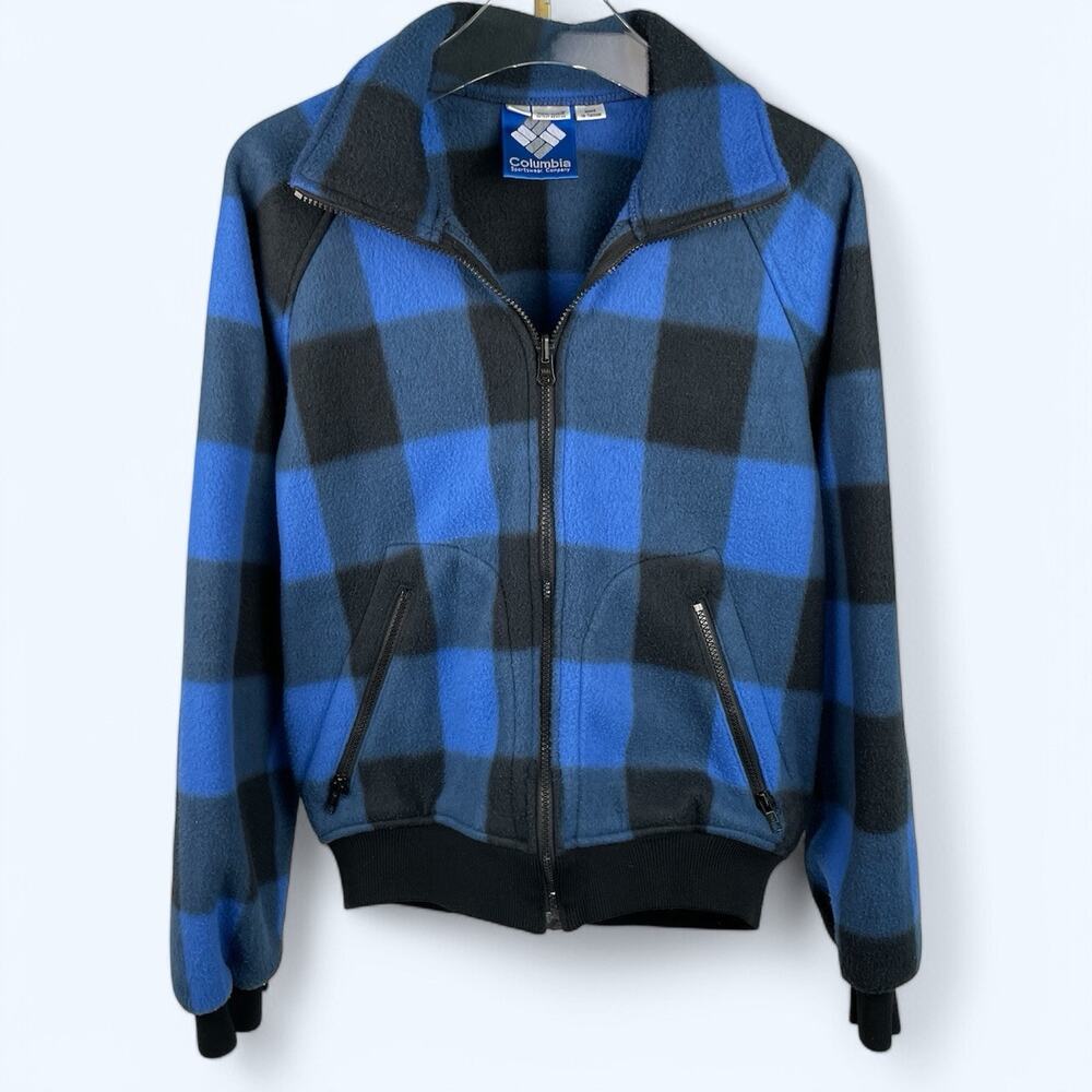 Vintage Columbia Blue Buffalo Plaid Full Zip Fleece Jacket Mens Size Medium